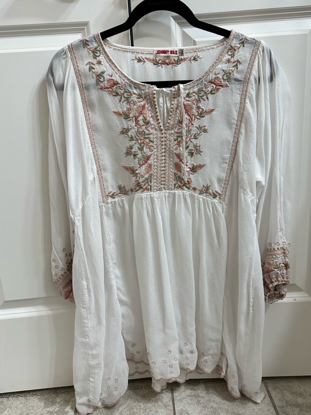 Johnny Was White Embroidered Tunic with Pink and Sage Floral Detail